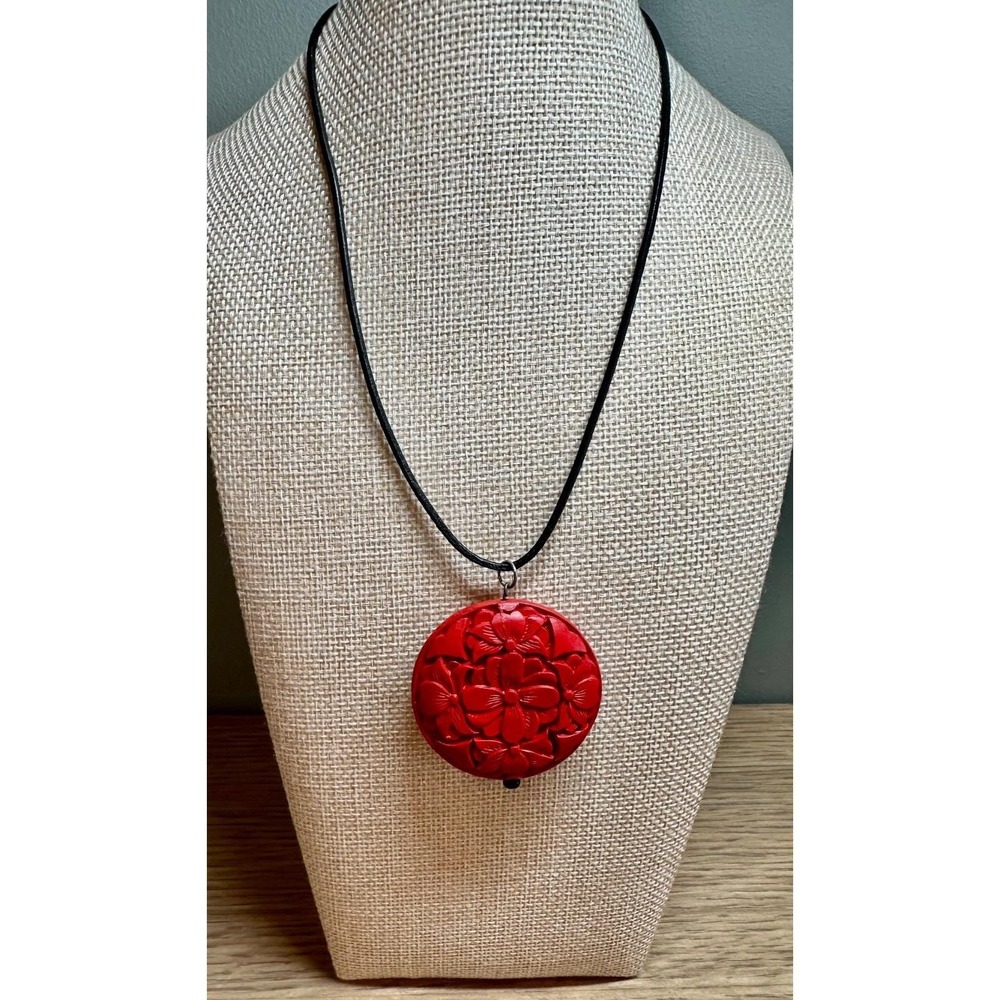 Red Carved Vintage Floral Pendant Necklace Black Cord Statement Boho 16"